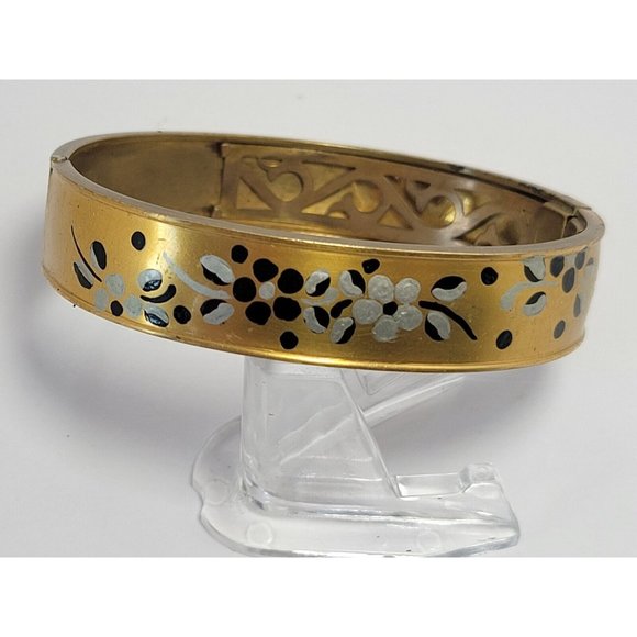 Early Ant Brass Painted Floral Bangle Signed C.T Art Nouveau (A40) - Picture 1 of 5